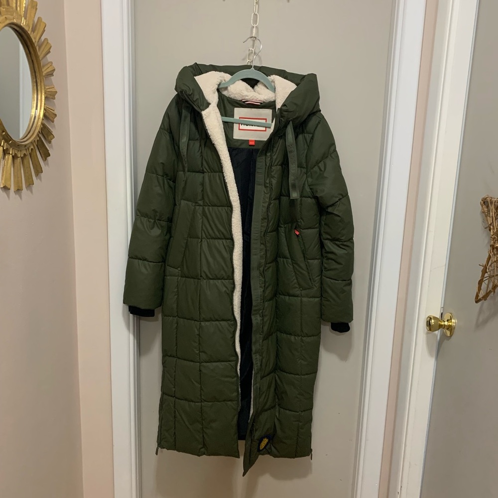 Hunter Olive Ireland Drawstring collar Puffer Jacket with Sherpa Lining